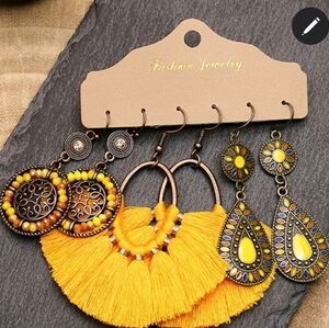 🆕️💛 3 PAIR SET SUNSHINE YELLOW BOHO EARRINGS - BRONZE-TONE 💛